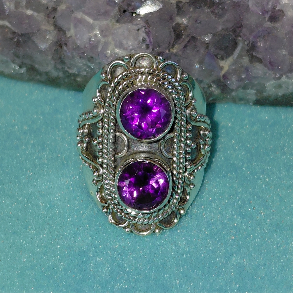 Sterling Silver Double Amethyst Vintage Style Ring Size 6.25
